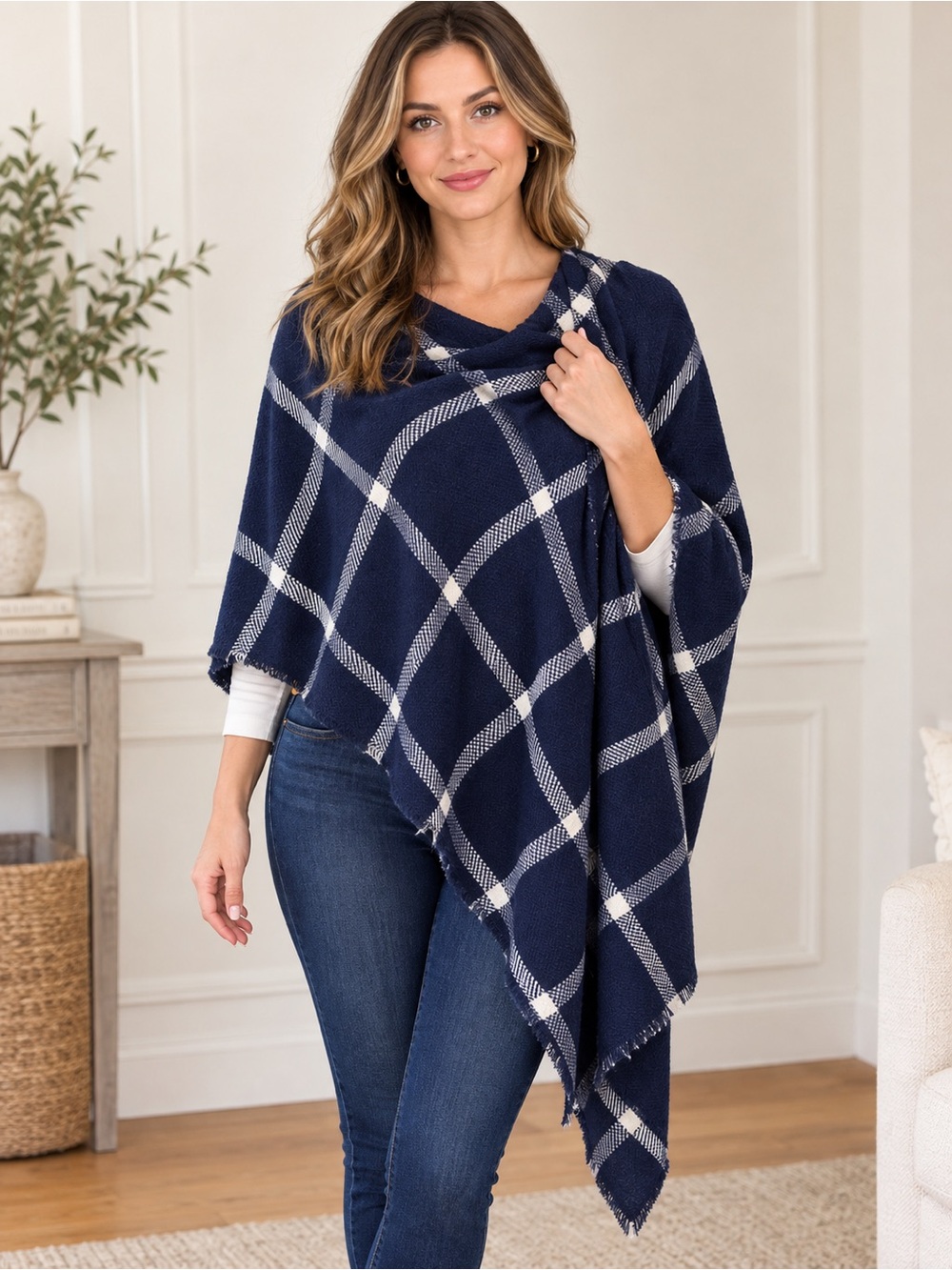 Tommy Hilfiger Navy and White Plaid Open-Front Wrap